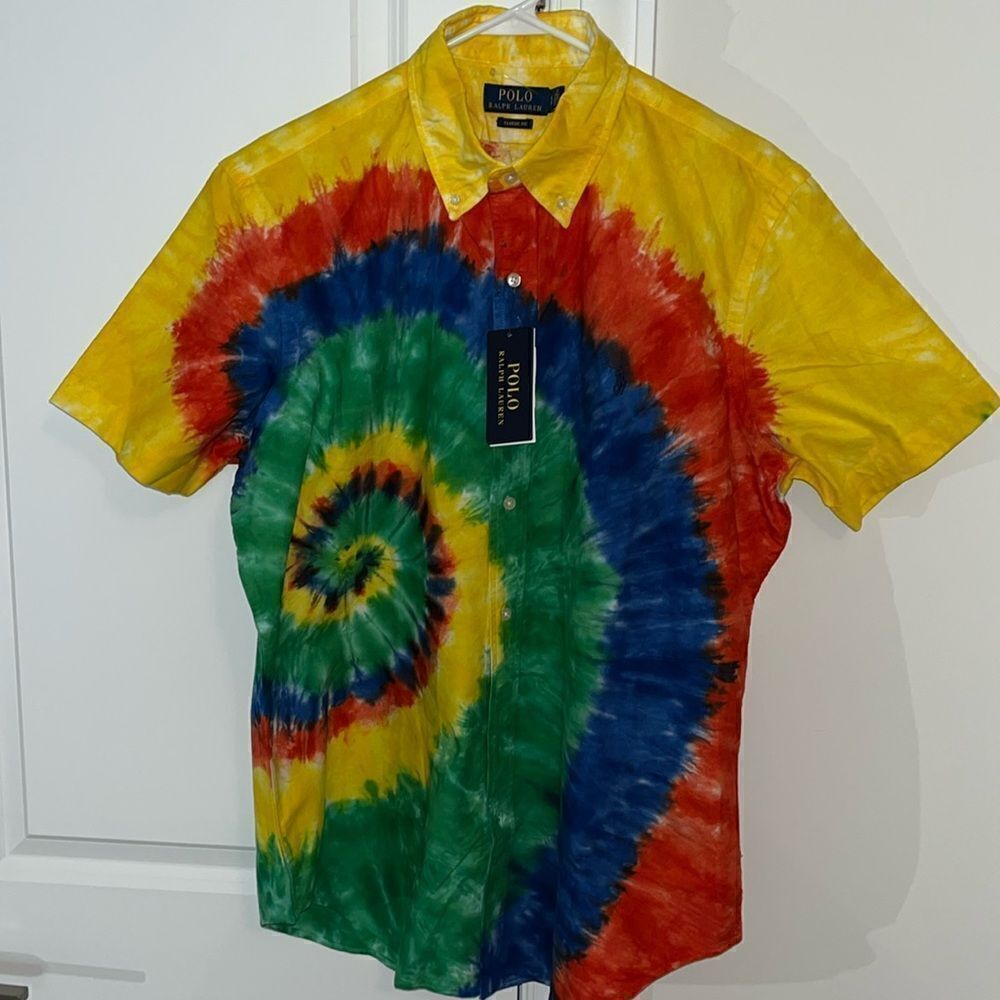 Polo Ralph Lauren Pony Rainbow Swirl Tie Dye Men's Classic Fit Hippie OCBD shirt
